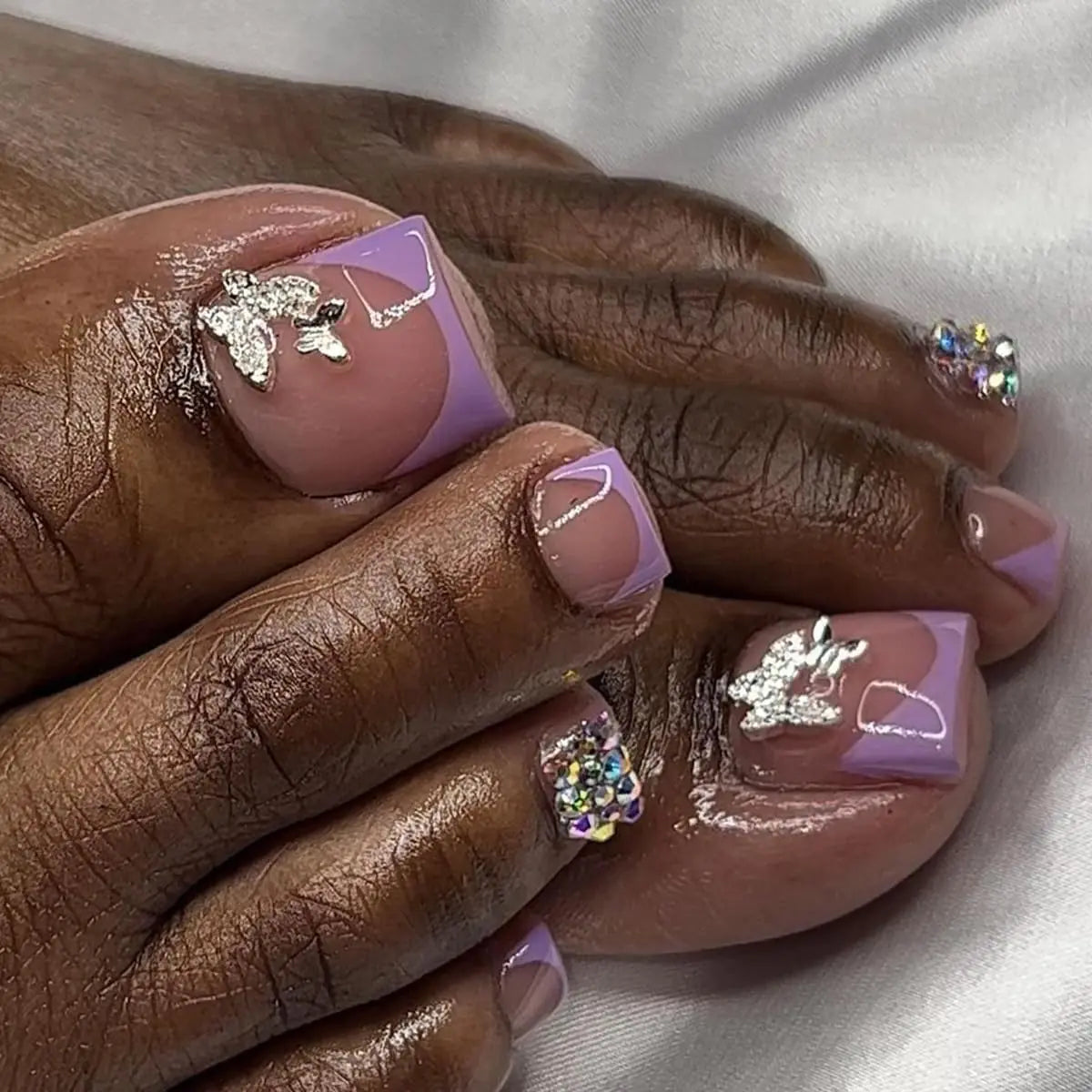5D Purple French Tip Press On Toenails with Rhinestone and Butterfly Charms Full Cover Acrylic Nails for Women 24 Pcs