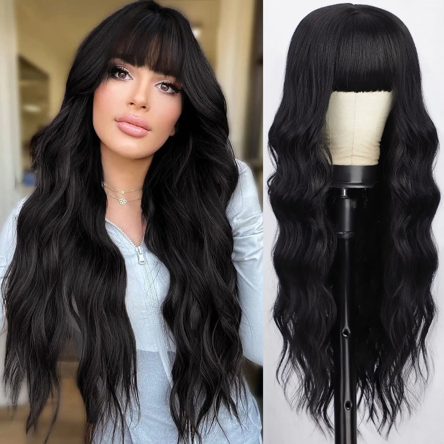 AISI QUEENS Black Wig with Bangs Long Wavy Synthetic Wig for Women Natural Black Curly Hair Wig for Daily Party Use