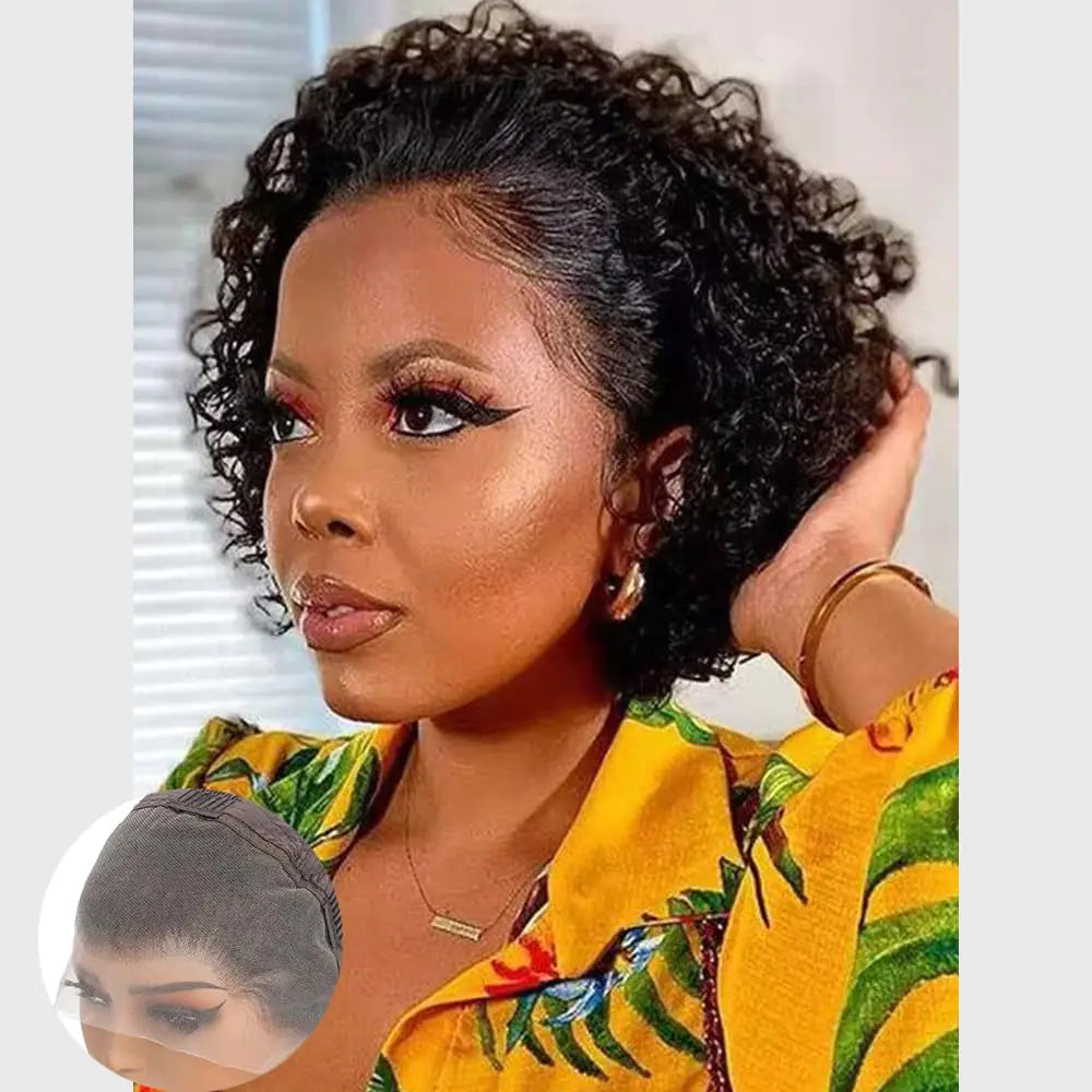 YKHJH 13X4 Short Curly Human Hair Wigs Pixie Cut Glueless Lace Front Wigs for Black Women 6 Inch Wear and Go
