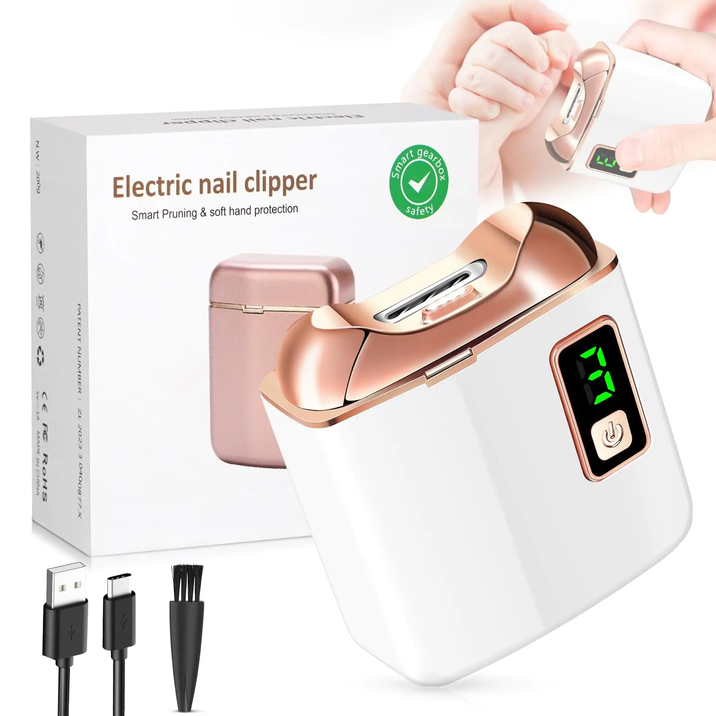 Electric Nail Clipper with LED Light USB Rechargeable Nail Trimmer 3 Speed Fingernail Manicure for Baby Kids Seniors and Adults Perfect for Elderly Nail Care White