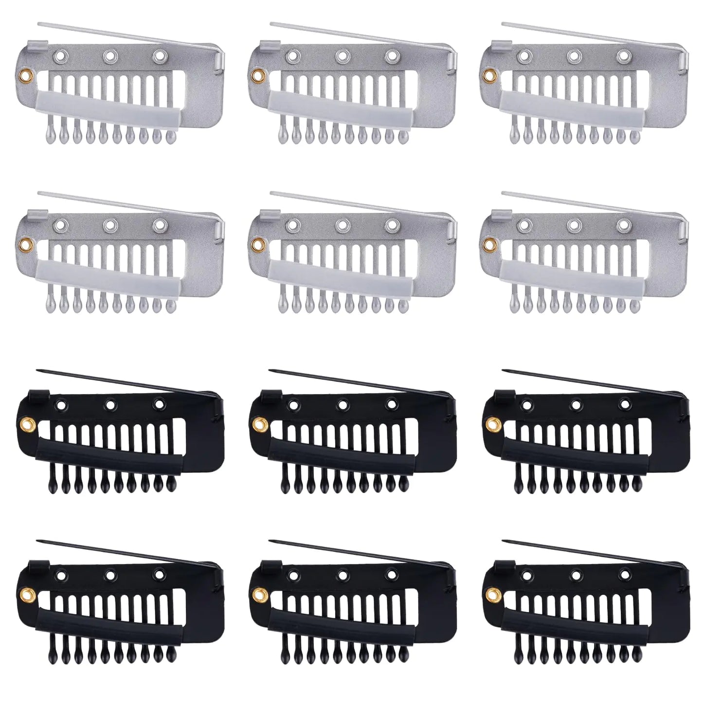 12 Piece Wig Clip Set with Safety Pins and 10 Teeth Hair Extension Snap Invisible Wig Combs for Secure Wig No Sew Chunni Grip Dupatta Clips for Girls Women Headscarf Hijab and Tikka in Black and Silver