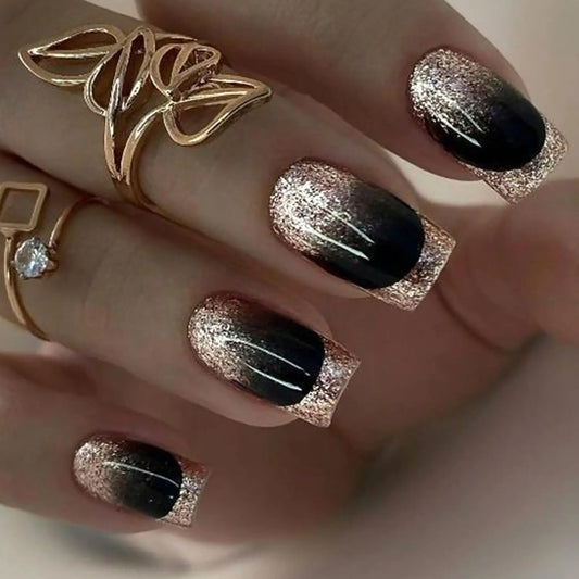 GlamNail Press On Nails – Glossy Black Gold French Design