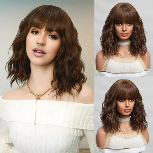 Brown Wigs for Women Dark Brown Short Curly Wavy Bob Wig with Bangs Medium Length Synthetic Hair for Daily Party Wedding Gift