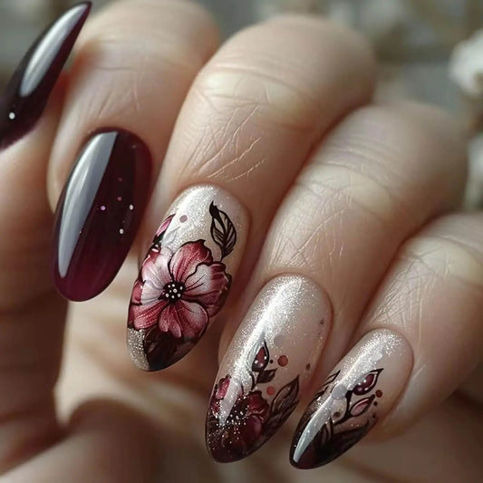 NailArtistry Press On Almond Nails – Elegant Flower Design