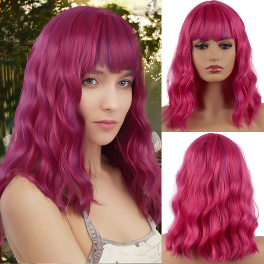Cetiq Short Bob Wigs with Bangs Loose Wavy Curly Shoulder Length Synthetic Cosplay Wig for Women Rose Mixed Purple Colorful Costume Wig
