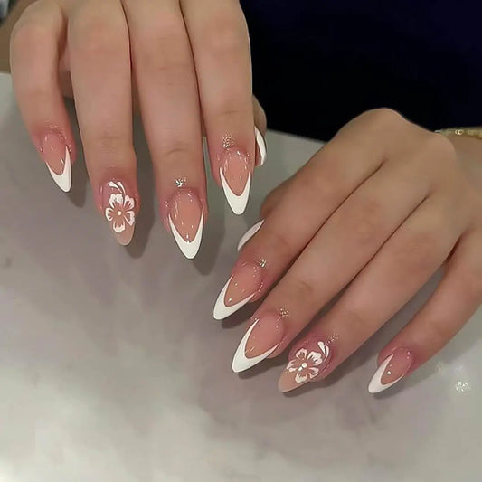 RikView Almond Press On Nails – Glossy White French Tips 24 PCS