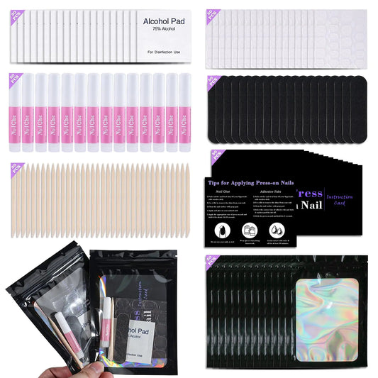 Disposable Nail Supplies Kits Professional Manicure Press On Nail Tool Kit with Nail File Nail Buffer Adhesive Tabs Nail Glue Sticks Prep Pads Bags Cards for Nail Business Black 350 Pieces 50 Sets