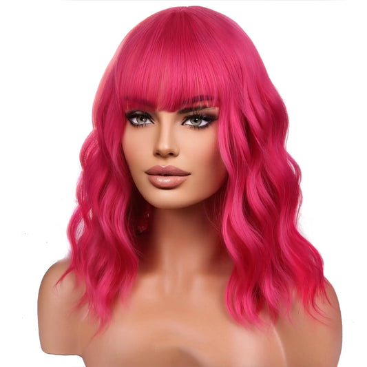 Beron 14 Inches Hot Pink Short Curly Synthetic Wig for Women with Bangs and Wig Cap Included
