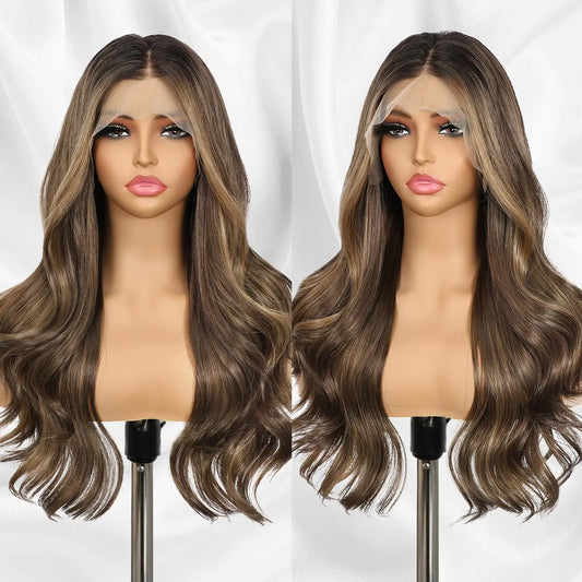 Babehers Brown Lace Front Wig 13x4 Pre Plucked Synthetic Highlight Body Wave Lace Frontal Wig for Women Heat Resistant 22 Inch Ready to Wear Wavy Wig