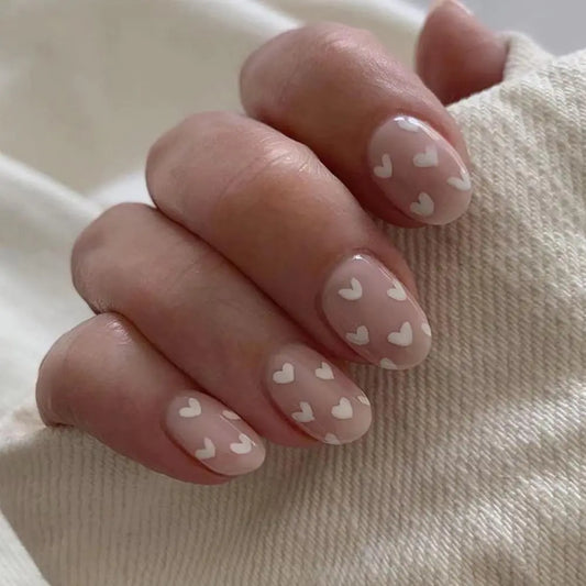 White Heart Press On Nails – Cute Heart Design for Valentine’s Day