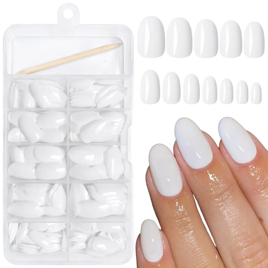 AddFavor Oval Press On Nails Short Fake Nails 240pcs White Almond Full Cover Acrylic Nails for Women and Girls