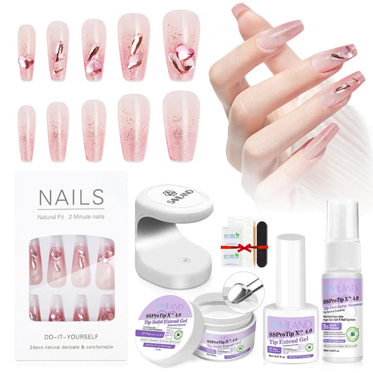Saviland Press On Nails Starter Kit UV Cured Long Wear Press On Gel X Nails Gel Nail Glue False Nails Thick Press On Fake Nails Nail Light Acrylic Nails Easy Home Gift Kit