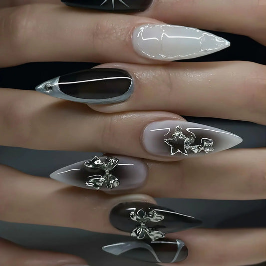 Medium Press On False Nails Almond Black Full Cover Fake Nails with Silver Bow and Rhinestones Designs Acrylic Nails Stick On Nails for Women 24 Pcs