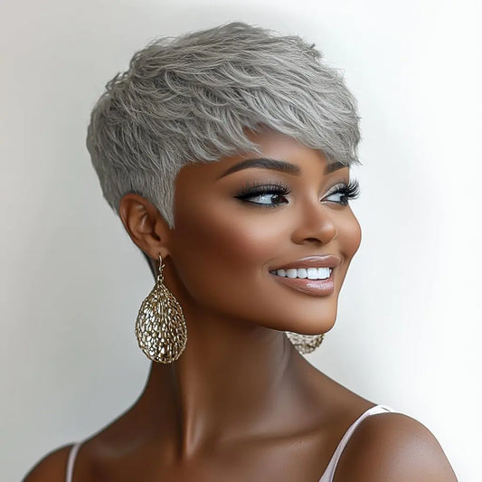 Bobcoo Grey Pixie Cut Wigs for Black Women Short Wavy Pixie Wigs with Bangs Synthetic Hair Layered Pixie Wig
