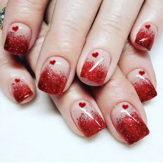 Valentine Glam Nails 24 Pcs – Sparkly Red Heart Design