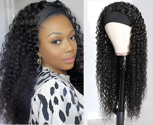Curly Headband Wig Human Hair 16 Inch Glueless Wear and Go 150 Percent Density Natural Color for Black Women