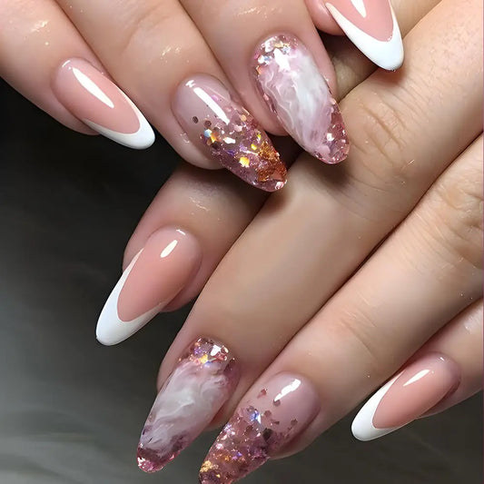 Almond Glam Press On Nails – Chic Marble Pink Ombre Style