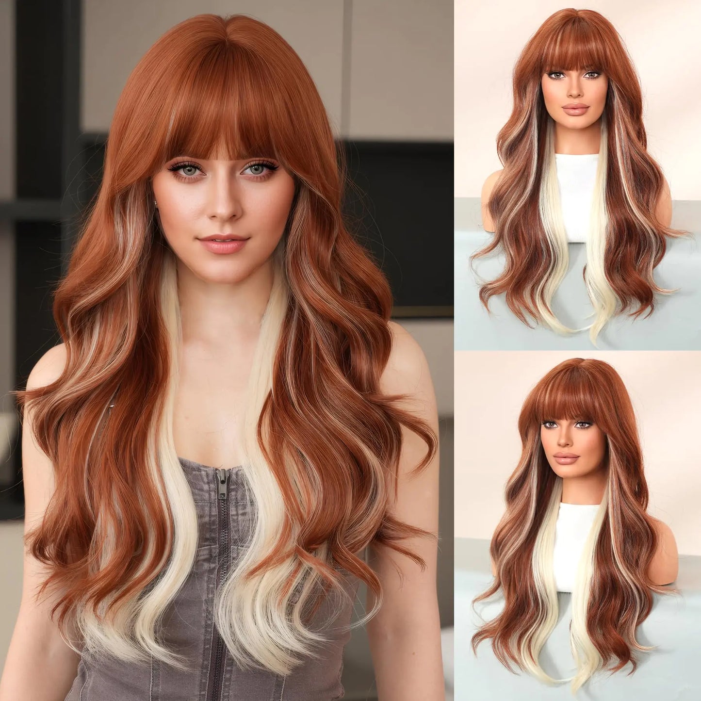 7JHH Wigs Long Wavy Ginger Orange Wig with Bangs 28 Inch Ombre Heat Resistant Synthetic Fiber Layered Wig for Cosplay Christmas Gifts and Party Use