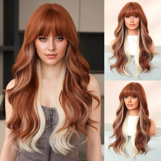 7JHH Wigs Long Wavy Ginger Orange Wig with Bangs 28 Inch Ombre Heat Resistant Synthetic Fiber Layered Wig for Cosplay Christmas Gifts and Party Use
