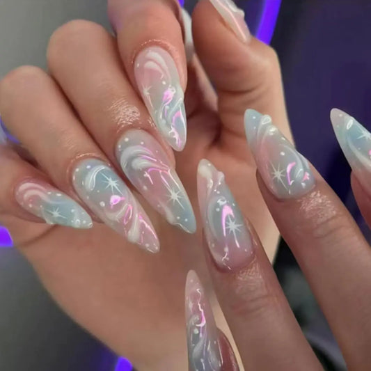24 Pcs Winter Press On Nails Short Almond SHANRUN Pink Blue Acrylic Nail Kit Fake Nails French Tip Glossy Glue On Short Full Cover Nail Art 3D Texture False Nails for Women