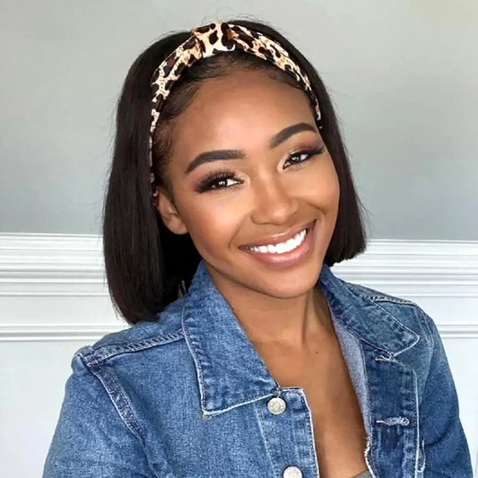 MmiQus Headband Wig Human Hair Straight 180 Percent Density Glueless None Lace Front Wig for Women 10 Inch