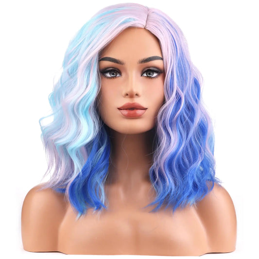 Beron Pink and Blue Wigs for Women Short Curly Wavy Wig Colorful Side Part Shoulder Length Heat Resistant Synthetic Cosplay Party Daily Use