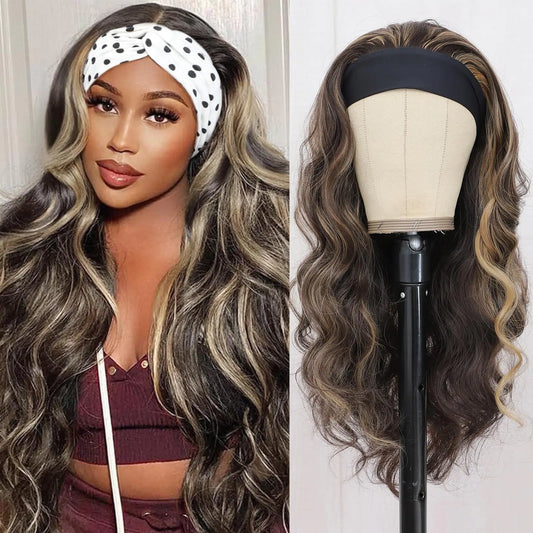 Xccoco Glueless Headband Wig Brown Blonde Highlight 24 Inch Body Wave Wig for Black Women