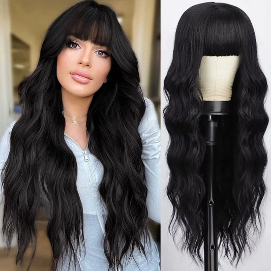 AISI QUEENS Black Wig with Bangs Long Wavy Synthetic Wig for Women Natural Black Curly Hair Wig for Daily Party Use