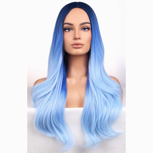 Beron Blue Wigs Long Wavy Wig for Women Girls Blue Ombre Heat Resistant Synthetic Hair for Cosplay Party Daily Use