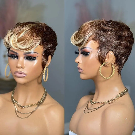 PangDongLai Short Layered Pixie Wigs for Black Women Human Hair Wigs with Bangs 4/4/613 Blonde Color Glueless Daily Use