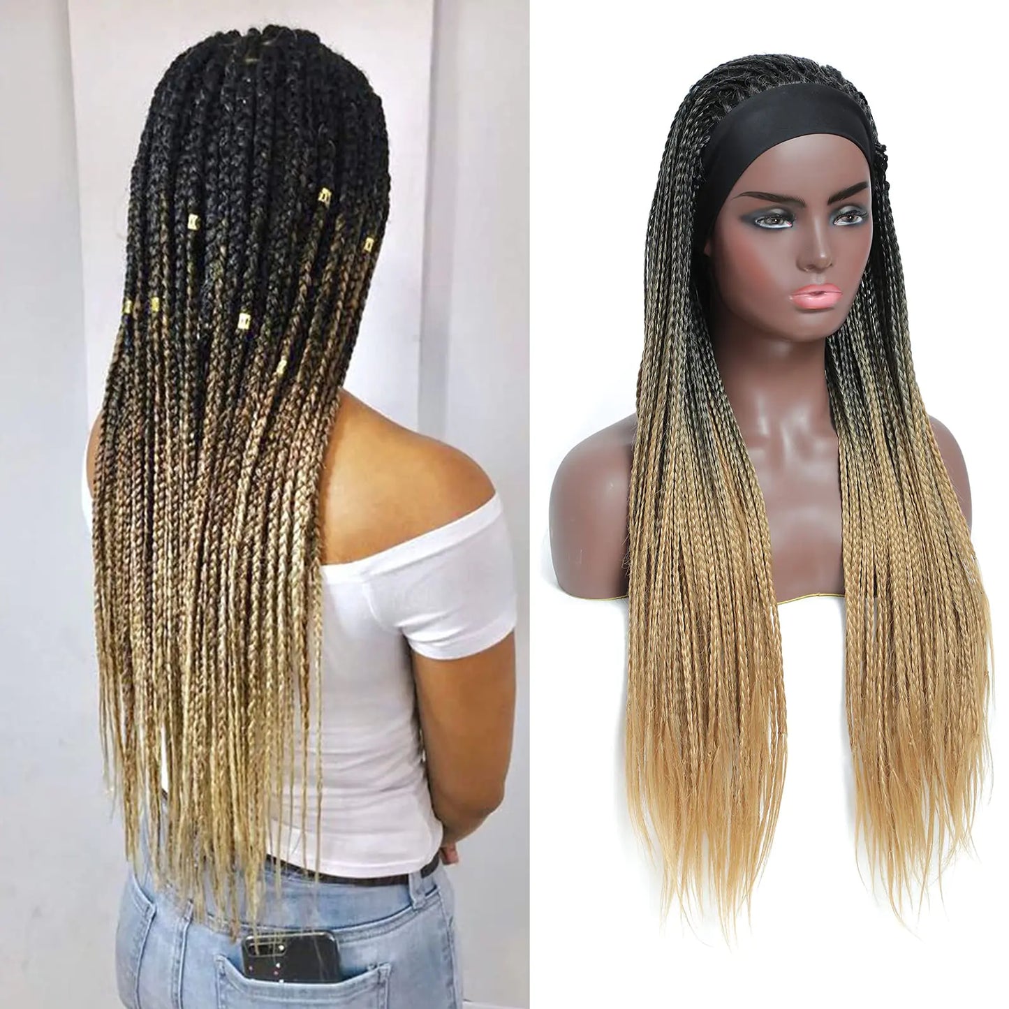 Rosebony Box Braided Headband Wigs for Black Women 26 Inch Long Micro Braids Synthetic Wigs with Small Braids