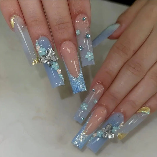 Rchovsam Blue Long Press On Nails – Butterfly Floral Design