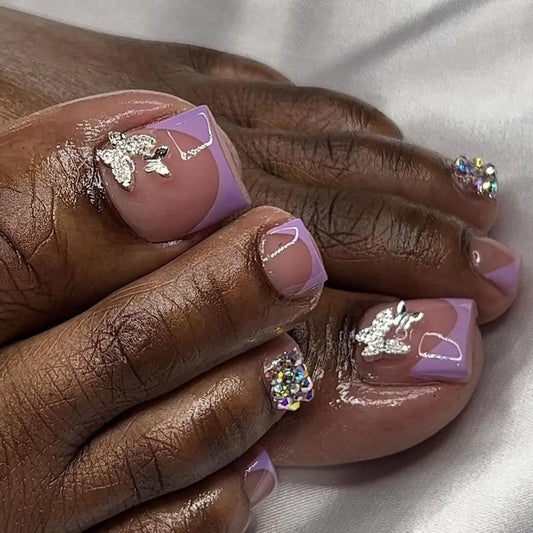 5D Purple French Tip Press On Toenails with Rhinestone and Butterfly Charms Full Cover Acrylic Nails for Women 24 Pcs
