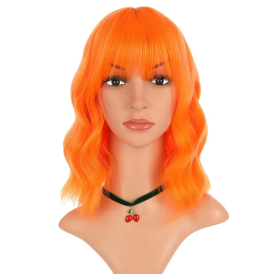 eNilecor Orange Curly Wavy Wig with Air Bangs for Women Natural Synthetic Short Bob Wig for Party and Cosplay