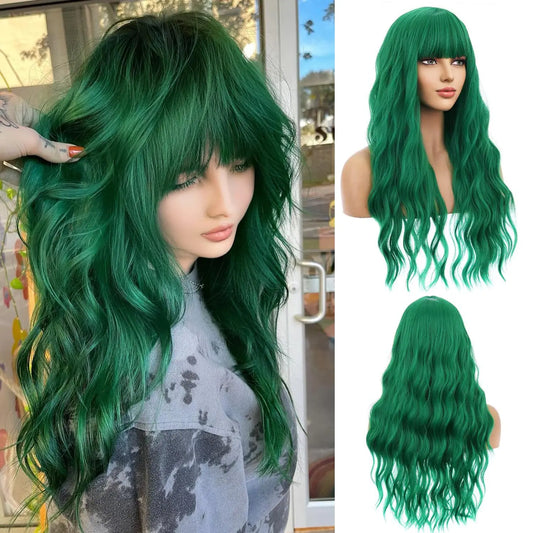 Beron Emerald Green Long Curly Wig with Bangs Dark Green Synthetic Wig for Women Daily Party Wear