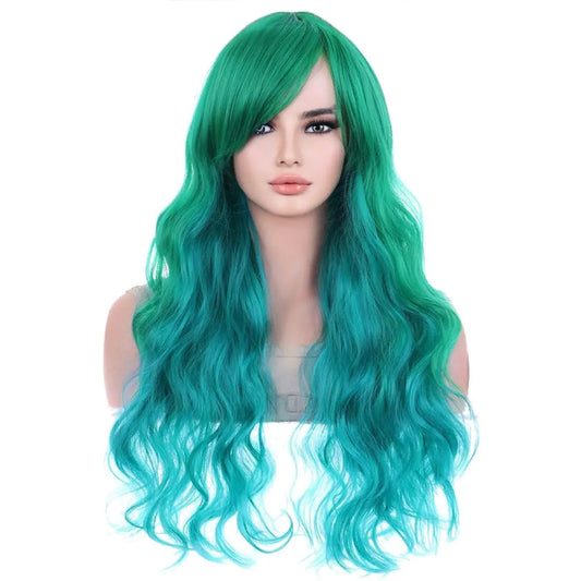 RightOn Green Wig Long Wavy Wig with Bangs for Women 27 Inch Curly Green Wig with Adjustable Cap