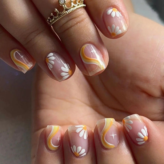 MERVF Square Press On Nails – Adorable Daisy Design 24pcs