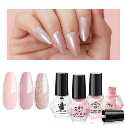 Modelones Nail Polish Set 3 Colors Natural Nude Nail Polish Kit with Base Top Coat and Remover Pad Glitter Nail Polish for DIY Nail Art at Home