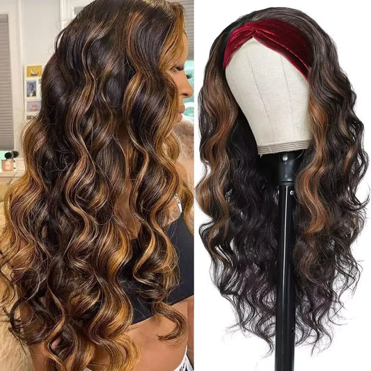 YUPEWG Headband Wigs for Black Women Glueless Highlight Brown and Black Synthetic Long Wavy Wig Ready to Wear Daily Party Wear