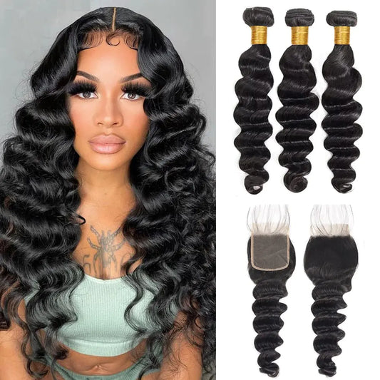 YourBrand Loose Deep Wave Bundles with Closure – 100% Brazilian Virgin Human Hair