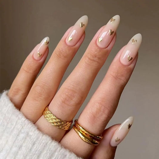 ValentineCharm Press On Nails – Elegant Nude with Golden Hearts