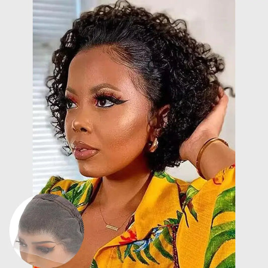 YKHJH 13X4 Short Curly Human Hair Wigs Pixie Cut Glueless Lace Front Wigs for Black Women 6 Inch Wear and Go
