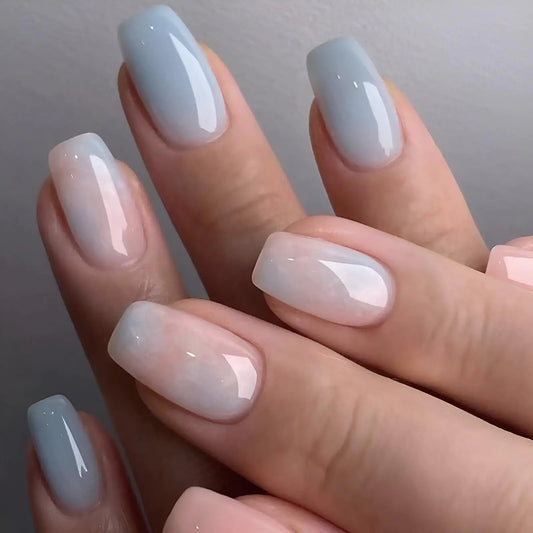 24 Pcs Medium Coffin Press on Nails Light Blue Marble Design Full Cover Reusable Glossy Nail Art Decorations for Women