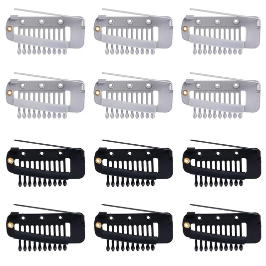 12 Piece Wig Clip Set with Safety Pins and 10 Teeth Hair Extension Snap Invisible Wig Combs for Secure Wig No Sew Chunni Grip Dupatta Clips for Girls Women Headscarf Hijab and Tikka in Black and Silver