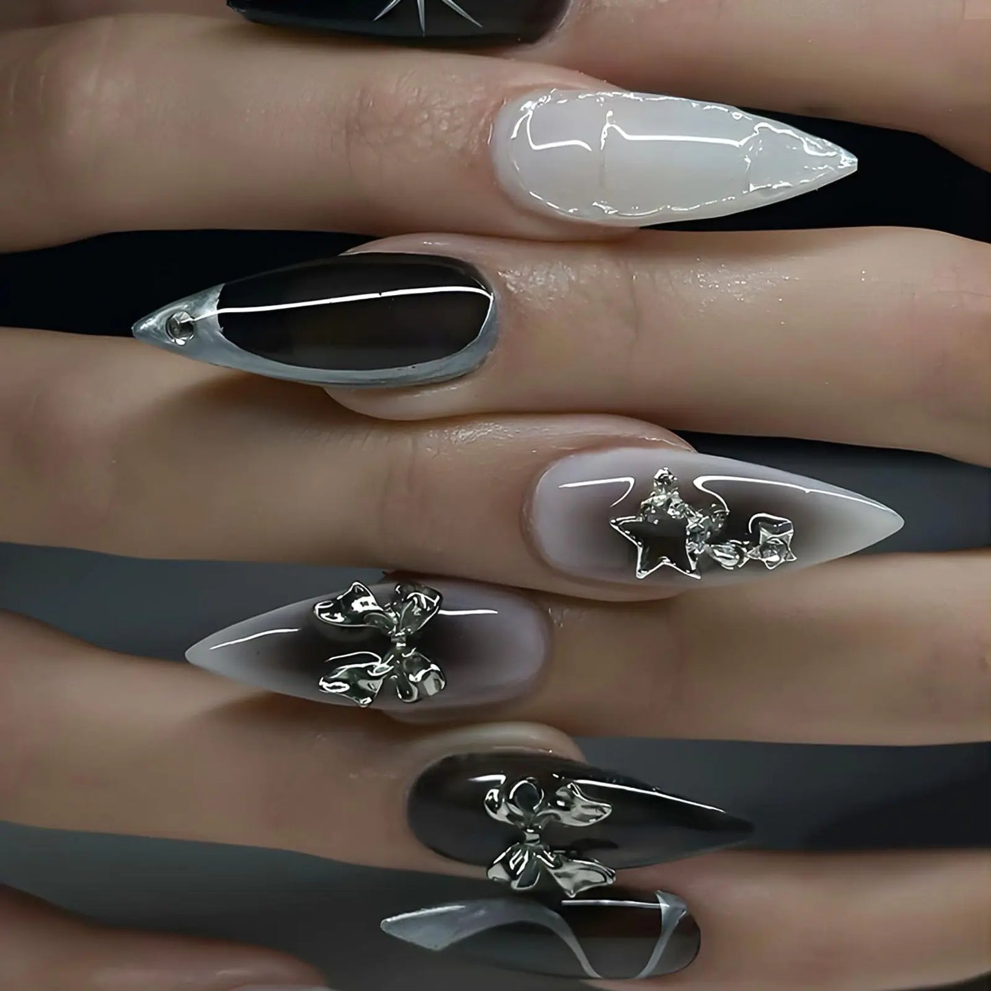 Medium Press On False Nails Almond Black Full Cover Fake Nails with Silver Bow and Rhinestones Designs Acrylic Nails Stick On Nails for Women 24 Pcs