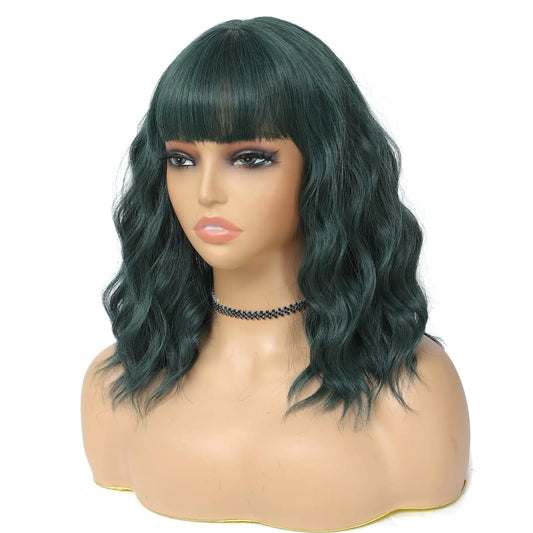 Beautifa Dark Green Wig with Bangs for Women 14 Inch Shoulder Length Wavy Curly Bob Heat Resistant Synthetic Wig